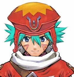 "Portrait of Kite, a young man with fair skin, green hair and orange clothing. He has two triangular wave tattoos on his face."