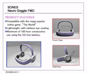 SONES FMD goggle advertisement featuring a 3D render of the headset from various angles. Text transcribed below