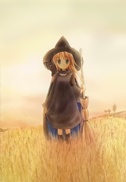 "A young girl in black robes and a witch's hat stands in a golden field of grain that stretches towards the horizon. She has a broom in her left hand and a black cat is perched on her shoulders. The girl is Saya, the cat is named Vesper. They both stare towards the viewer."