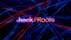 "Stylized Roots logo overlaid above a background of overlapping blue scratch marks. The text for .hack// is purple while Roots is red. The red Tri-edge symbol stands out among the blue scratches of the background."