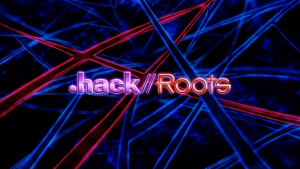 "Stylized Roots logo overlaid above a background of overlapping blue scratch marks. The text for .hack// is purple while Roots is red. The red Tri-edge symbol stands out among the blue scratches of the background."