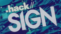 "Stylized .hack//SIGN logo in white text at a slight angle, overlaid above green circuitry."