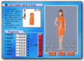 "North American Version. A preview screen of the Fitting Simulator mentioned in the article. On the left side are two panels. One shows a clothing item with a description and a preview that allows users to pick different colors. Below that, users can input their measurements and hit a send button. On the right, a model of the user appears to be wearing the clothing item fit to their measurements."