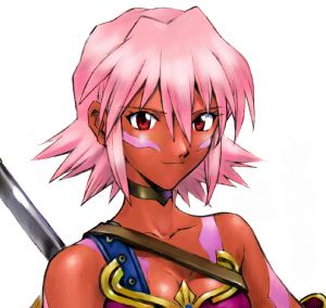 "A dark skinned young woman with pink hair and red eyes. She has several pink wave tattoos on her face and body. She wears a choker and some minimalist armor."